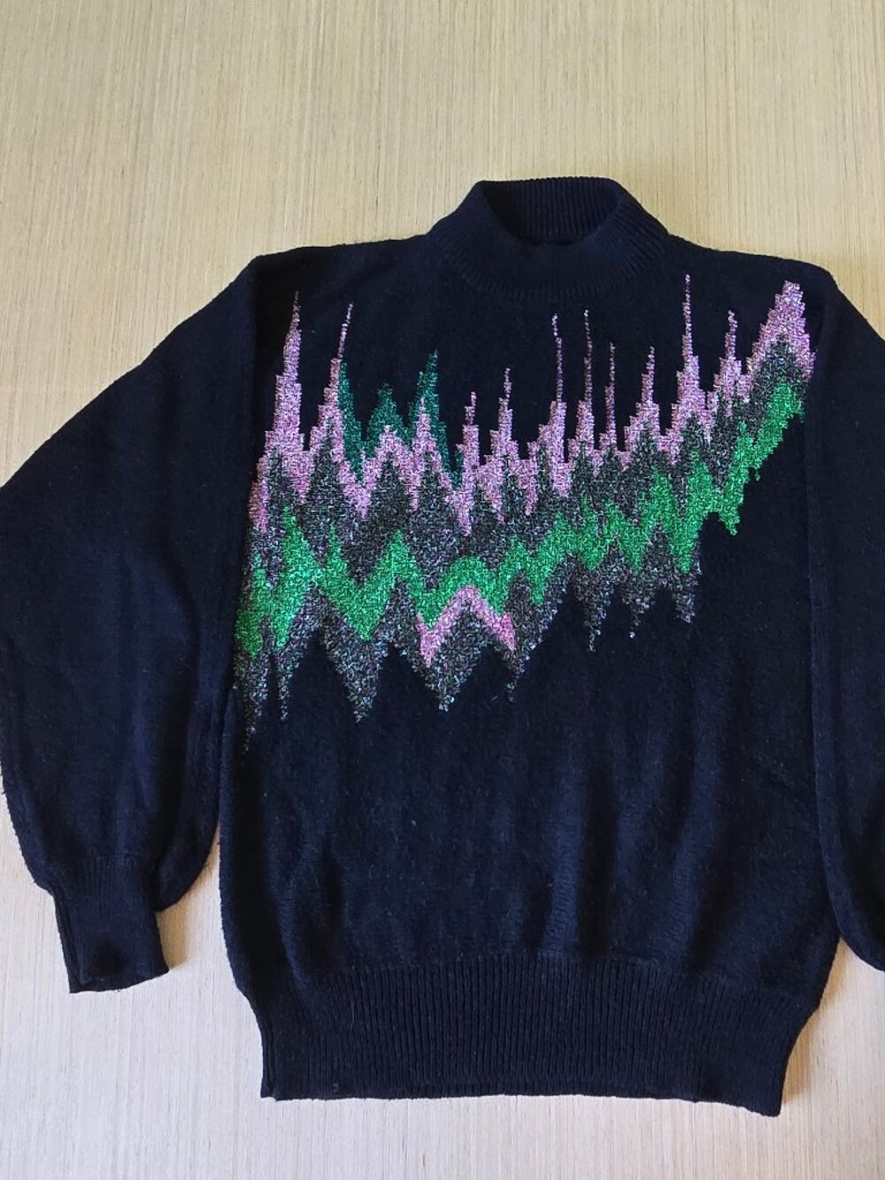Vintage 80s Black Sweater Wave Spike Design Sparkly Pink Gray Green Retro